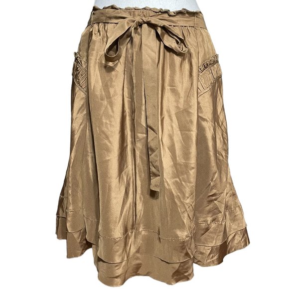 BCBGMaxAzria 100% Silk Skirt NEW M Ruffle Pleated Knee Length Taupe Satin A-Line - Picture 1 of 12